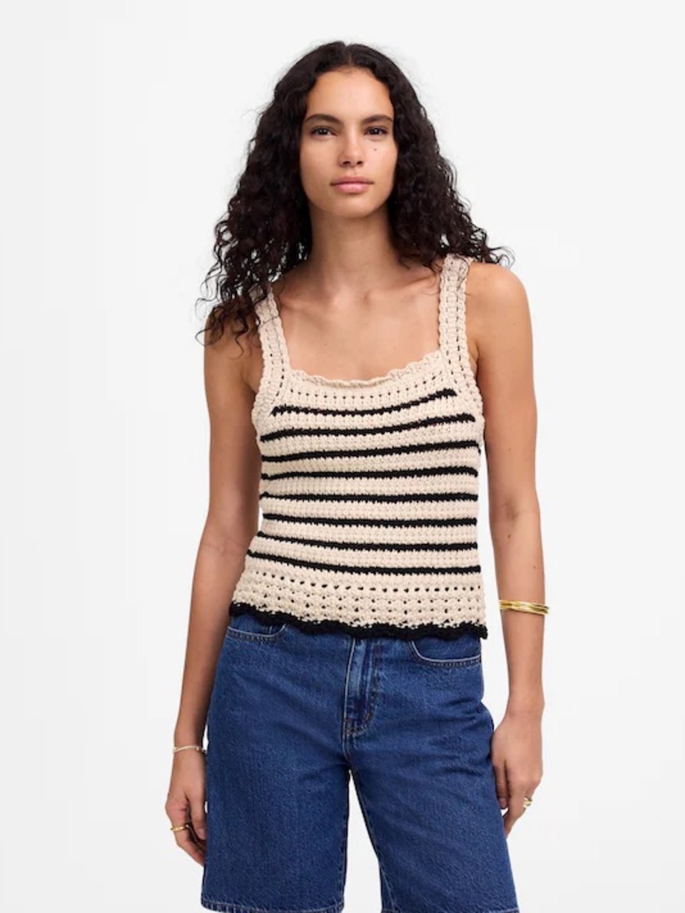 Madewell Boho Crochet Knit Stitch Cotton Sweater Tank Top Natural Black Stripe M